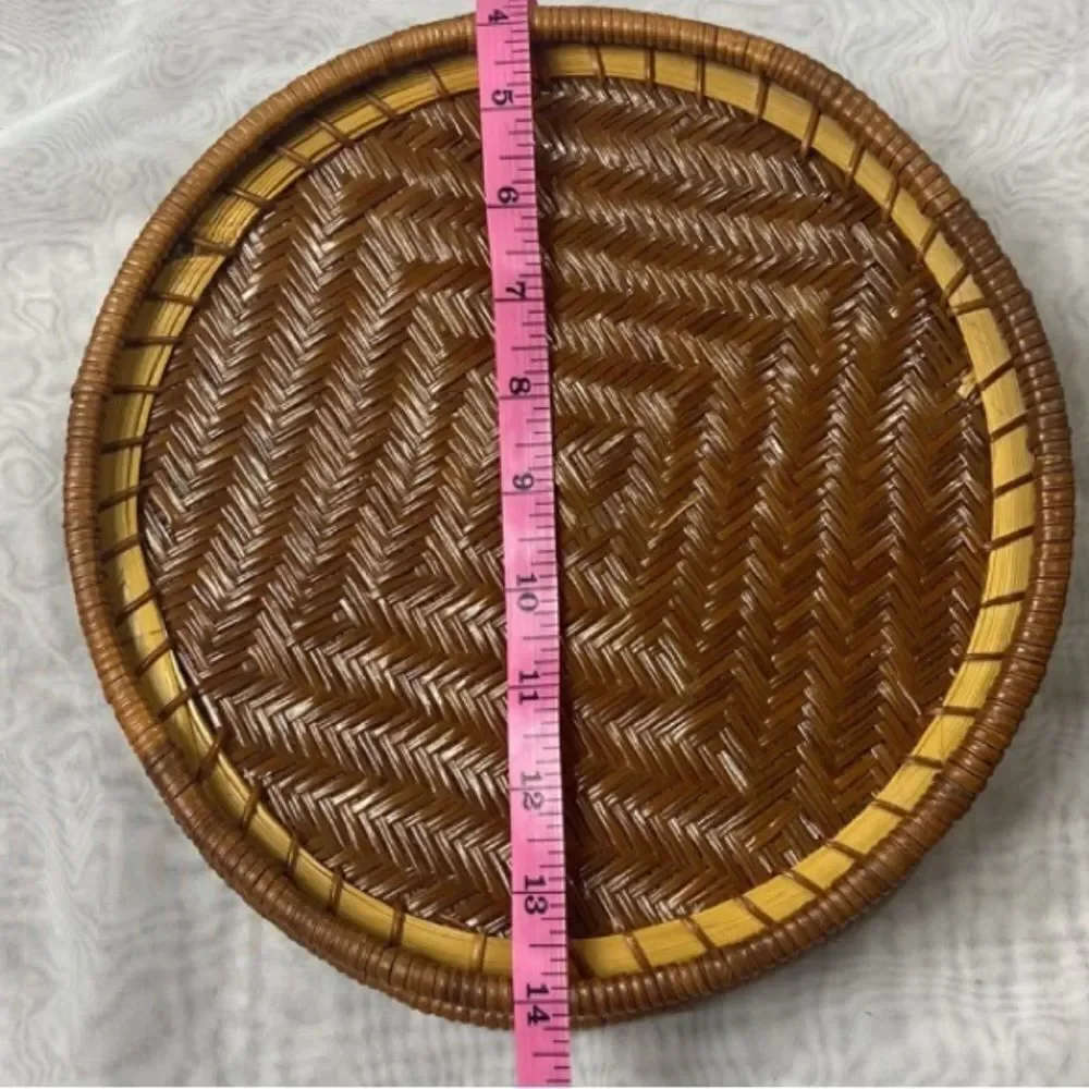 VTG, Mid Century Handcrafted Brown Woven Wicker Rattan Storage Basket with Lid